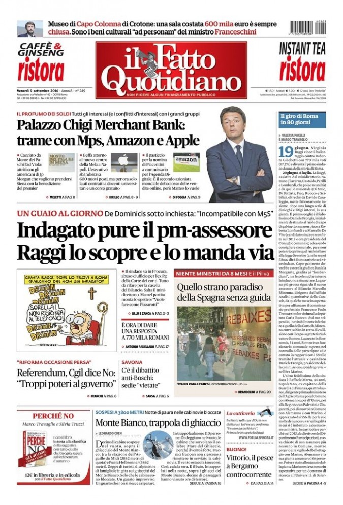 Copertina di venerdì 9 settembre 2016