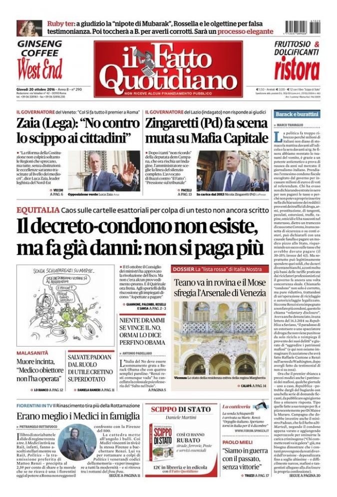 Copertina di giovedì 20 ottobre 2016