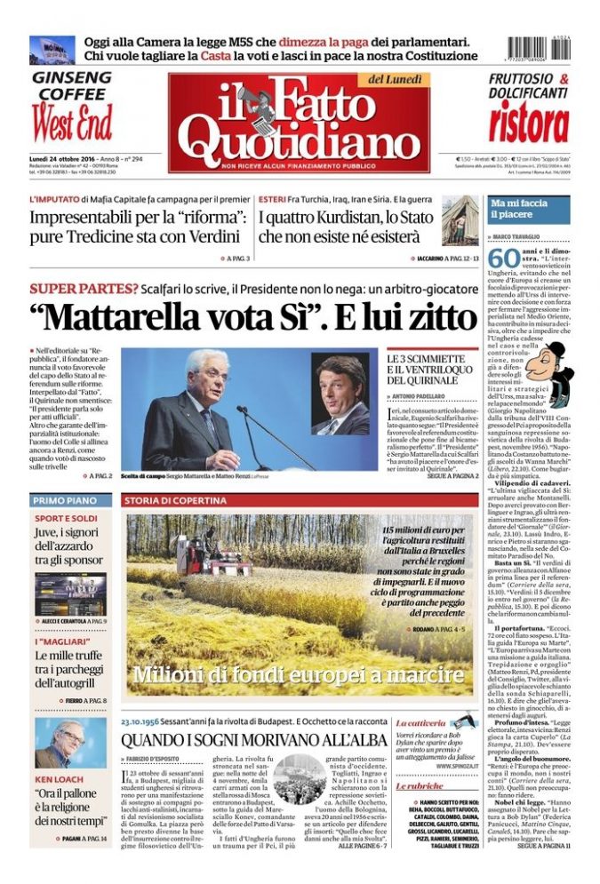 Copertina di lunedì 24 ottobre 2016