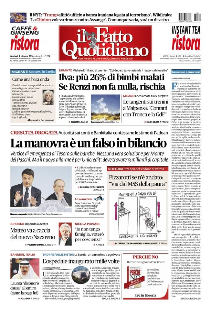 Copertina di martedì 4 ottobre 2016