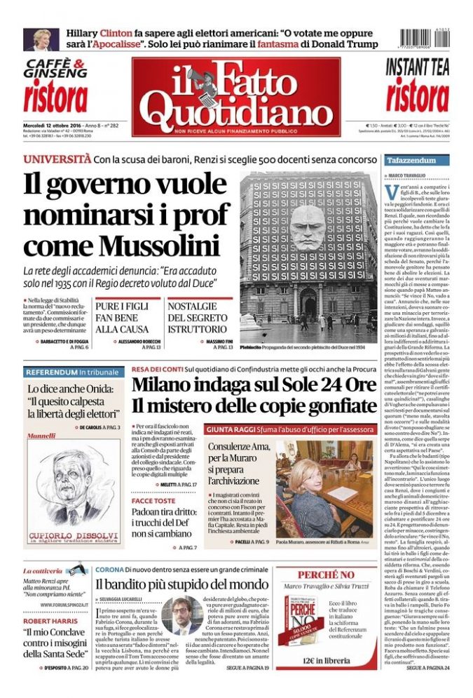 Copertina di mercoledì 12 ottobre 2016