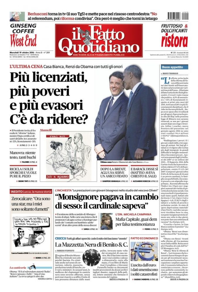 Copertina di mercoledì 19 ottobre 2016