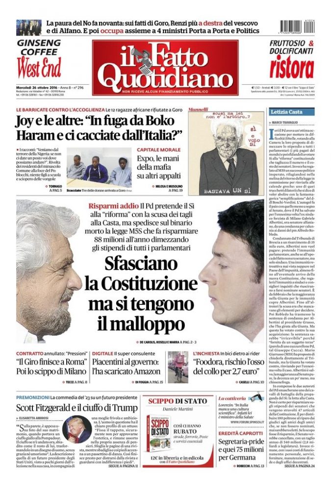 Copertina di mercoledì 26 ottobre 2016