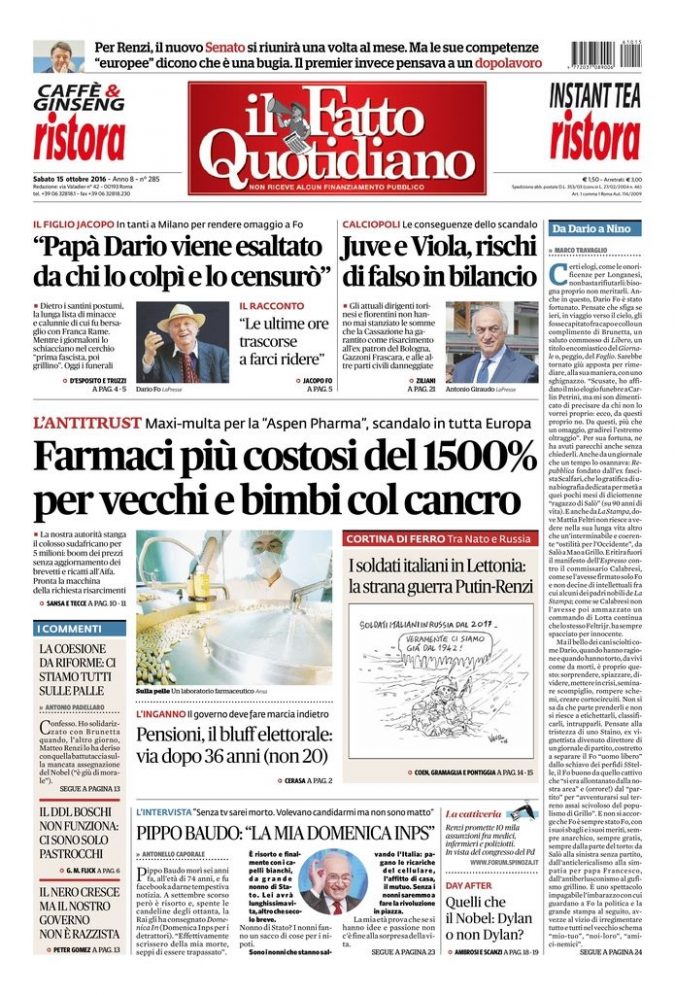 Copertina di sabato 15 ottobre 2016