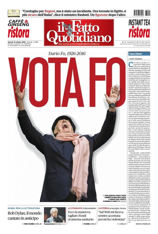 Copertina di venerdì 14 ottobre 2016