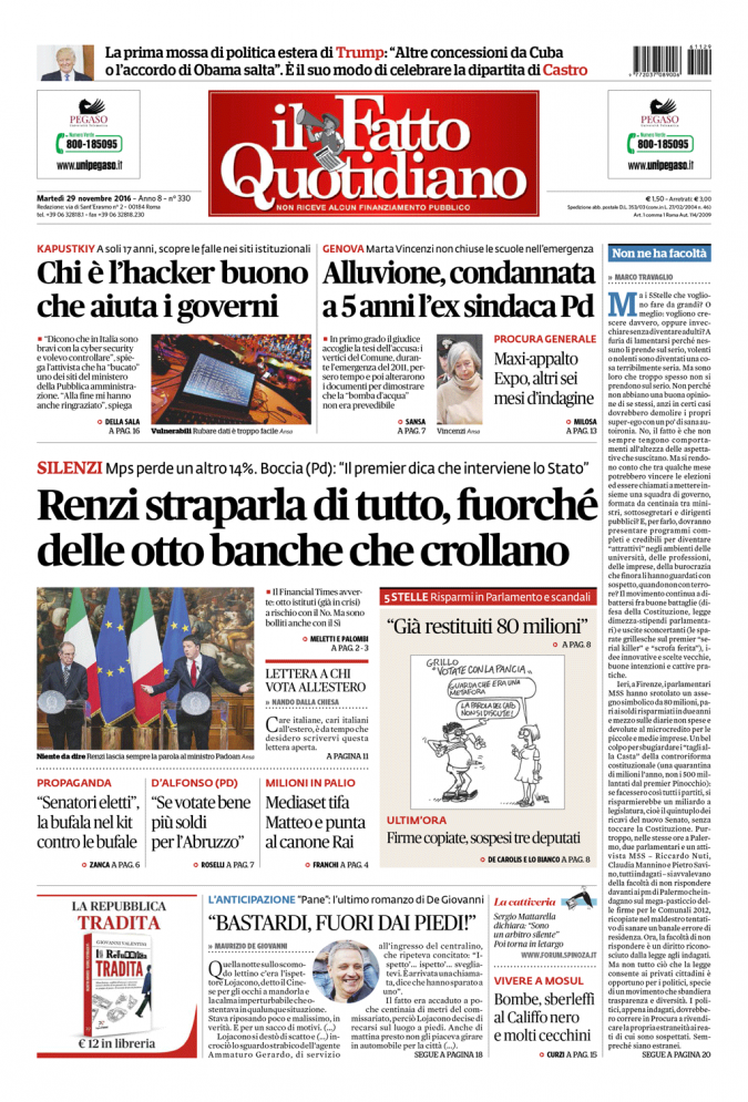 Copertina di martedì 29 novembre 2016