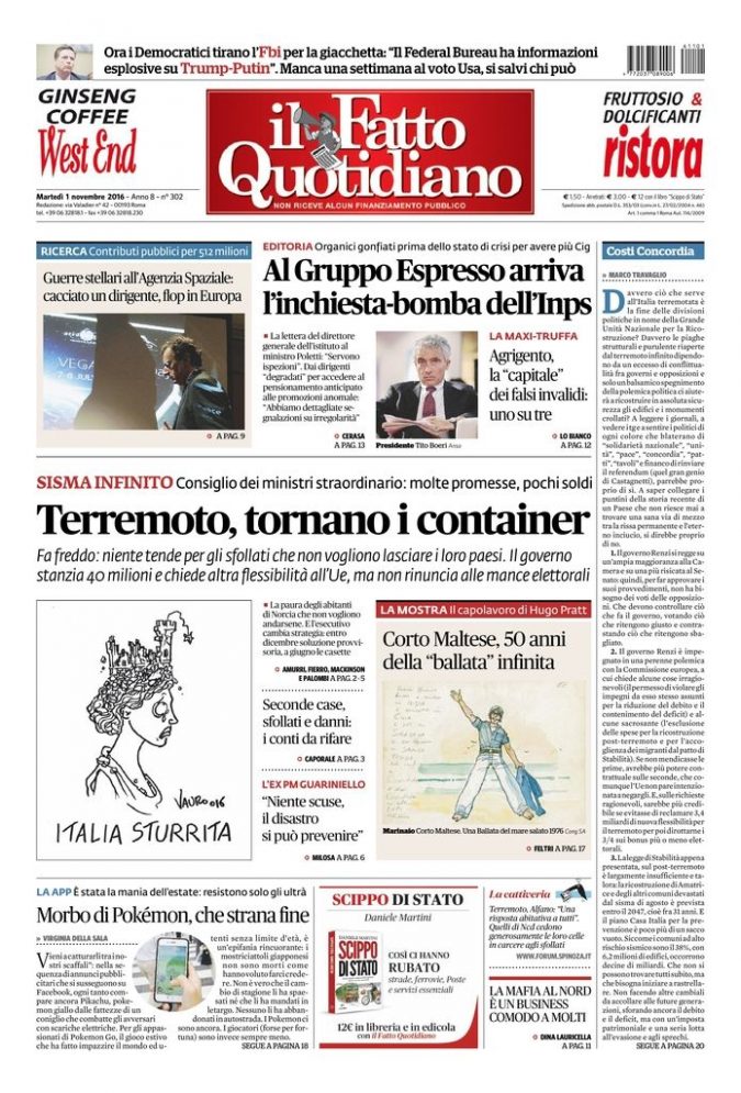 Copertina di martedì 1 novembre 2016