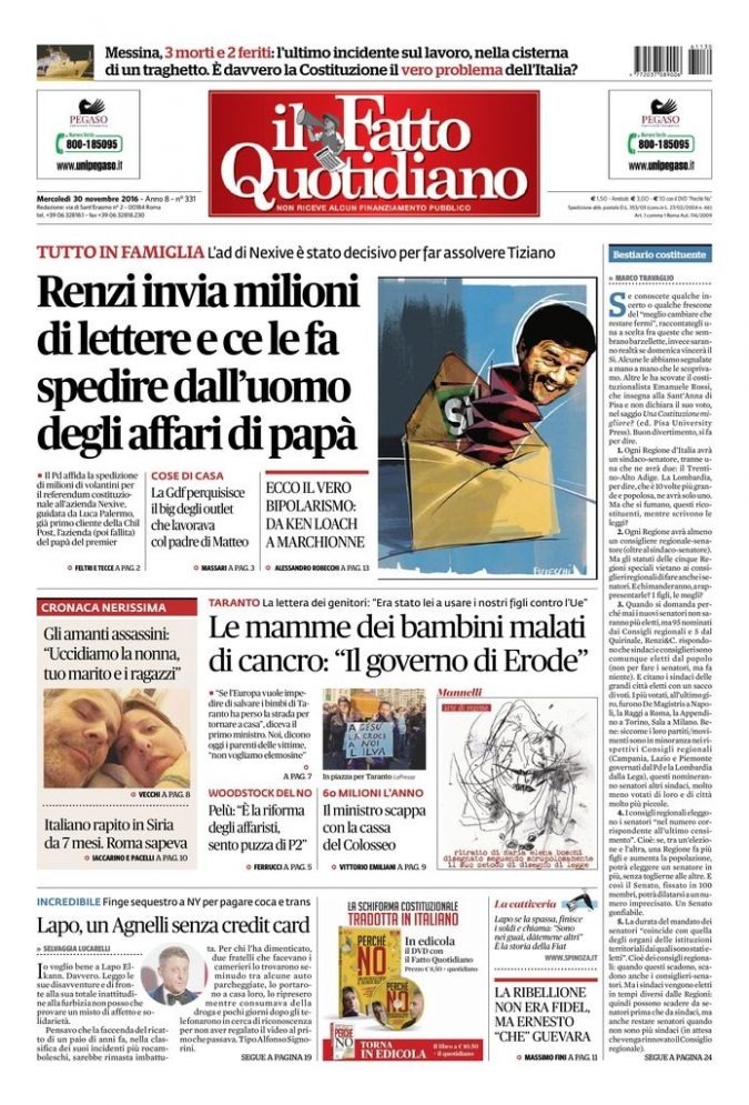 Copertina di mercoledì 30 novembre 2016