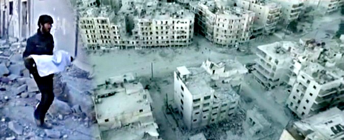 Copertina di Siria, sotto le bombe di Aleppo. E un drone dell’esercito vola sulla città fantasma e sopra i civili in fuga