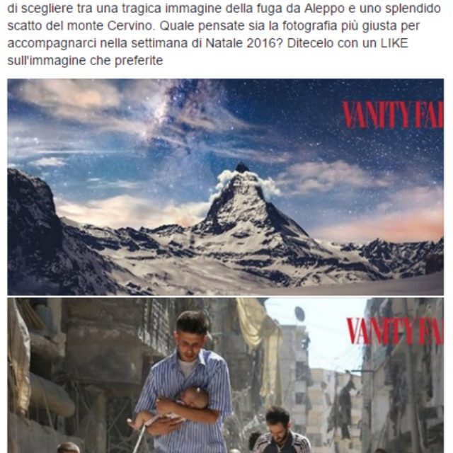Vanity Fair, gaffe su Facebook: “La tragica Aleppo o uno splendido Cervino in copertina?”. Bufera online: e il direttore Luca Dini si scusa
