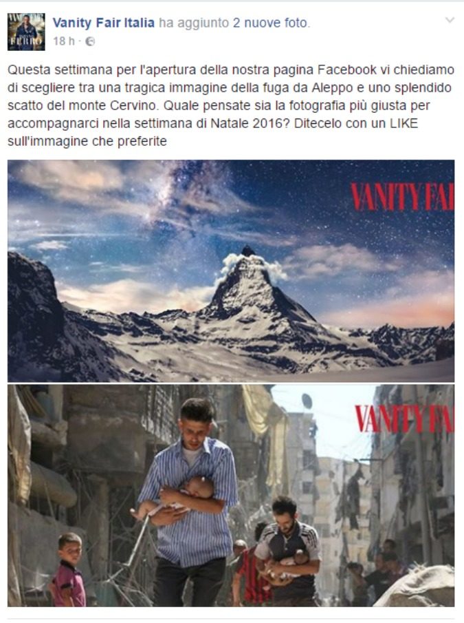 Vanity Fair, gaffe su Facebook: “La tragica Aleppo o uno splendido Cervino in copertina?”. Bufera online: e il direttore Luca Dini si scusa