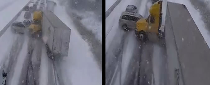 Copertina di Canada, spettacolare incidente multiplo in autostrada: camion e auto scivolano sulla neve