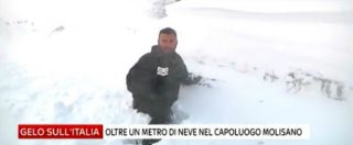 Copertina di Maltempo, l’inviato di Sky sprofonda nella neve in diretta. Ma continua il collegamento