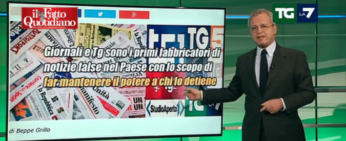 Copertina di Grillo attacca tg e giornali, Mentana risponde: “Lo querelo. L’eventuale ricavato andrà alle popolazioni terremotate”