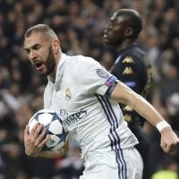 Real Madrid’s French striker Karim Benzema jubilates a goal, the first against Napoli, during their UEFA Champions League round of 16 match at Santiago Bernabeu stadium in Madrid, Spain, 15 February 2017. EFE/JuanJo Martin