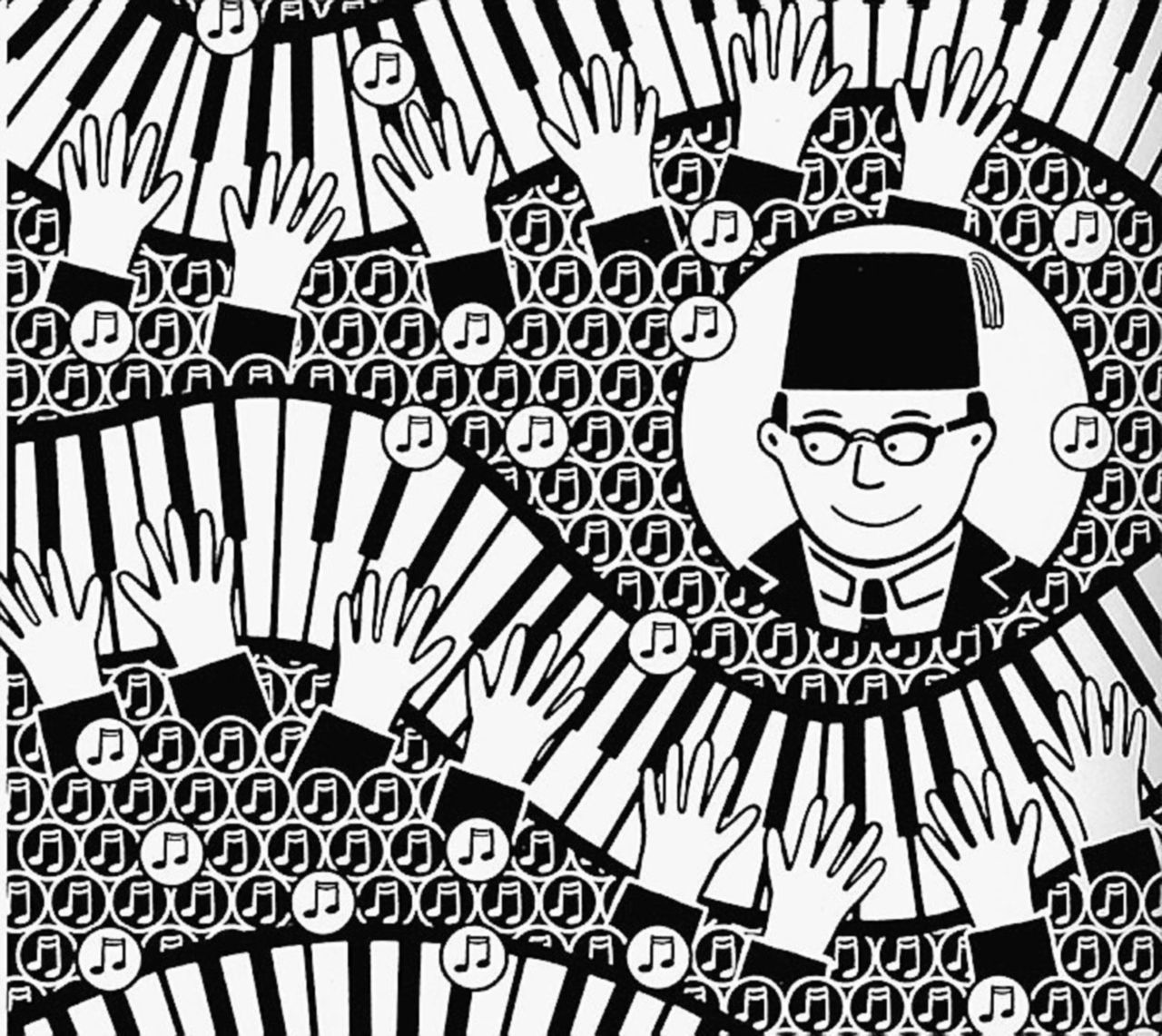 Copertina di Melodie orientali sulla tastiera in bianco e nero di un graphic novel tra due mondi
