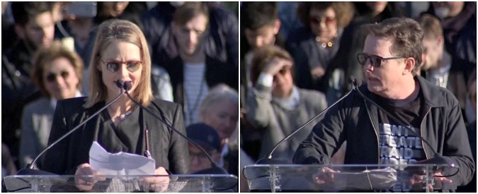 Copertina di Jodie Foster e Michael J. Fox contro Trump a poche ore dagli Oscar. Discorso alla manifestazione di Los Angeles