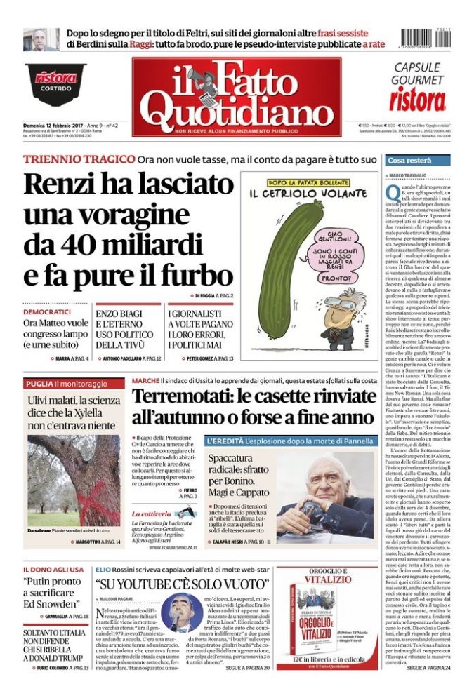 Copertina di domenica 12 febbraio 2017