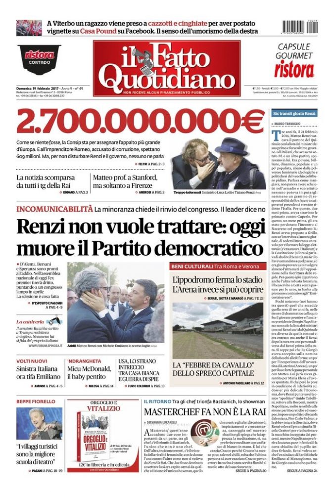 Copertina di domenica 19 febbraio 2017