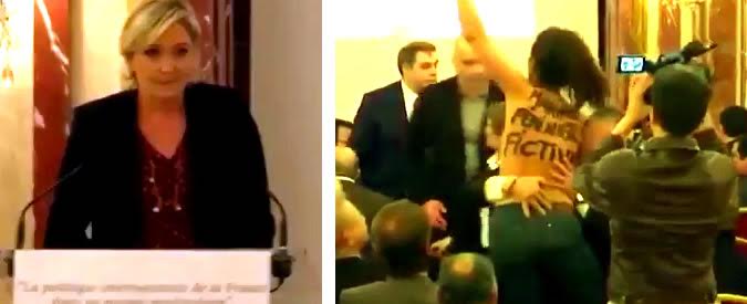 Copertina di Francia, l’irruzione (in topless) dell’attivista Femen durante la conferenza della Le Pen: “Finta femminista”