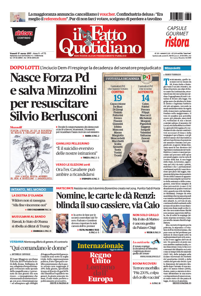 Prima Pagina Il Fatto Quotidiano - Nasce Forza Pd e salva Minzolini per resuscitare Silvio Berlusconi