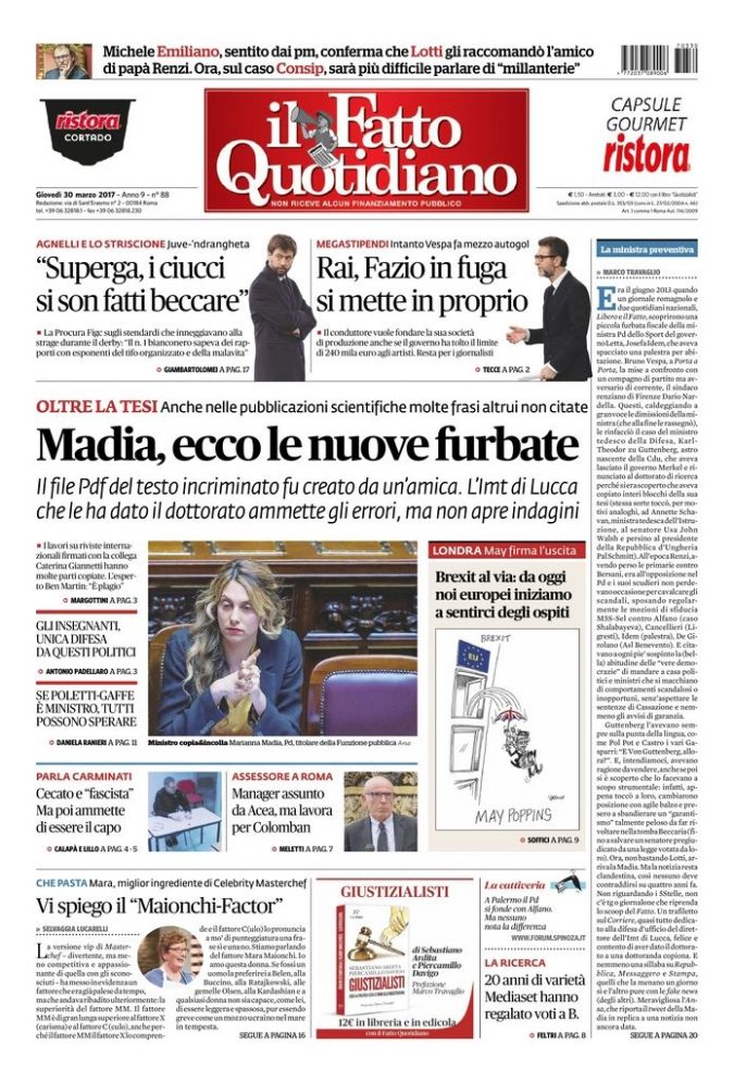 Copertina di giovedì 30 marzo 2017