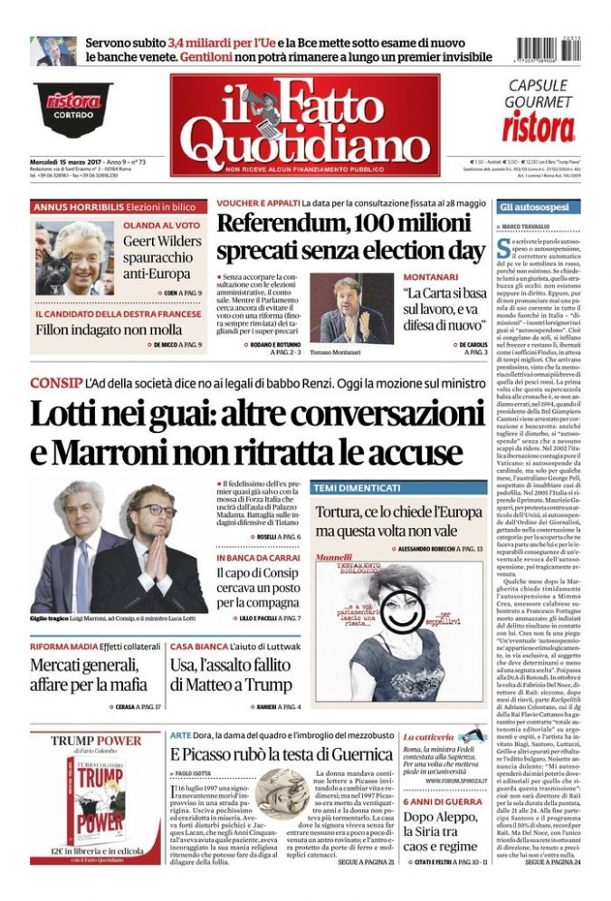 Copertina di mercoledì 15 marzo 2017