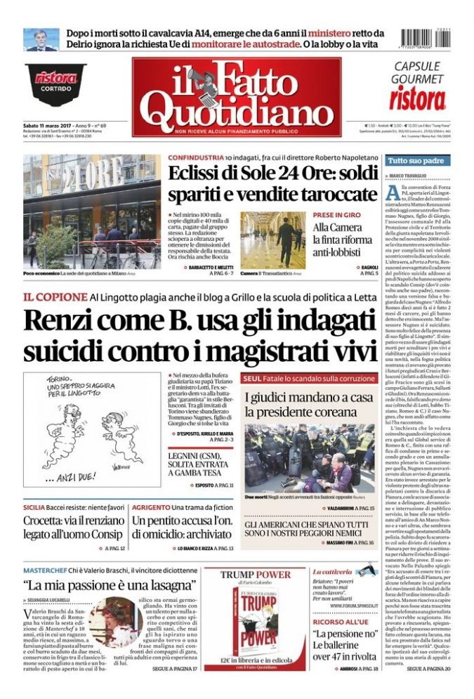 Copertina di sabato 11 marzo 2017