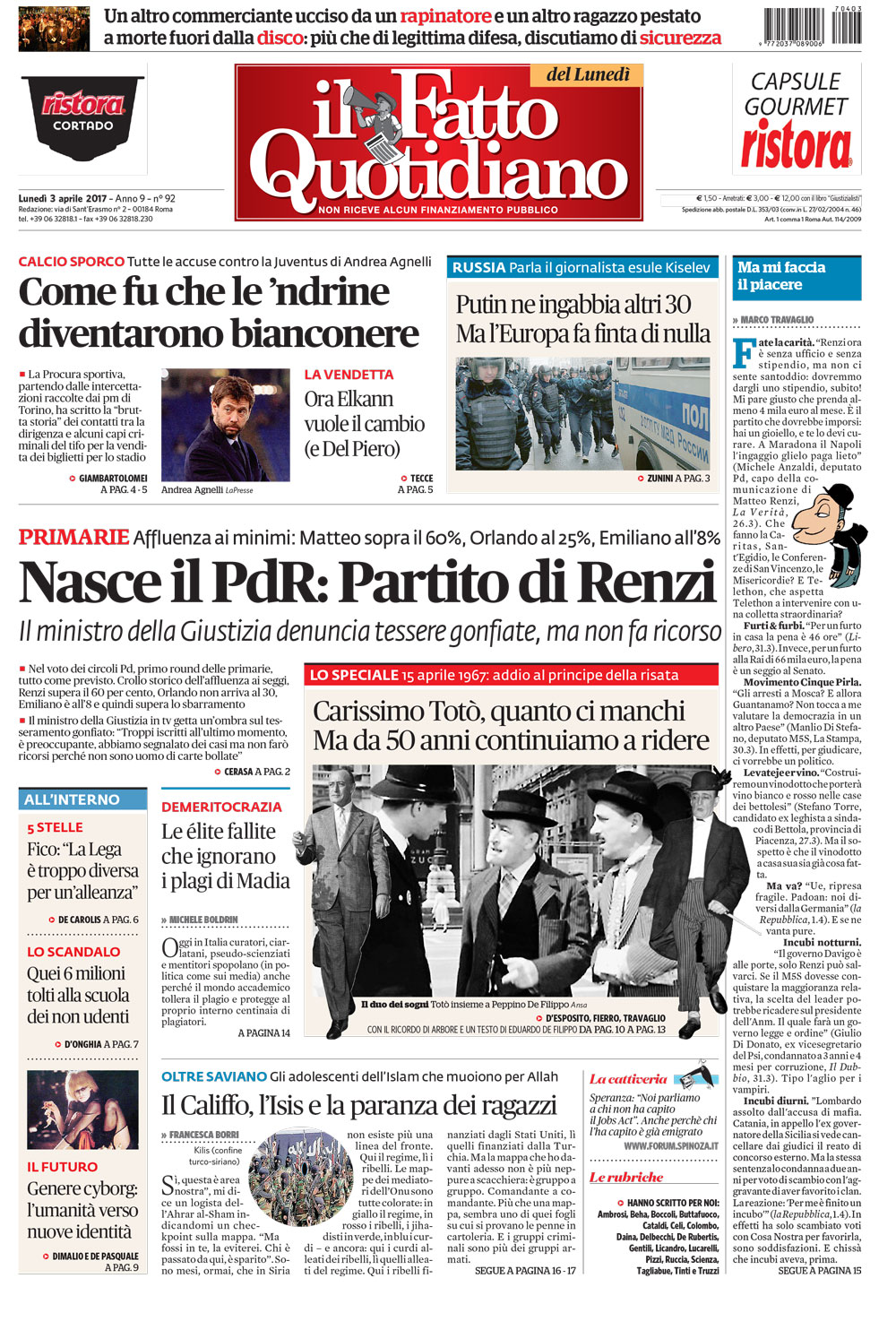 Prima Pagina Il Fatto Quotidiano - Nasce il PdR: Partito di Renzi