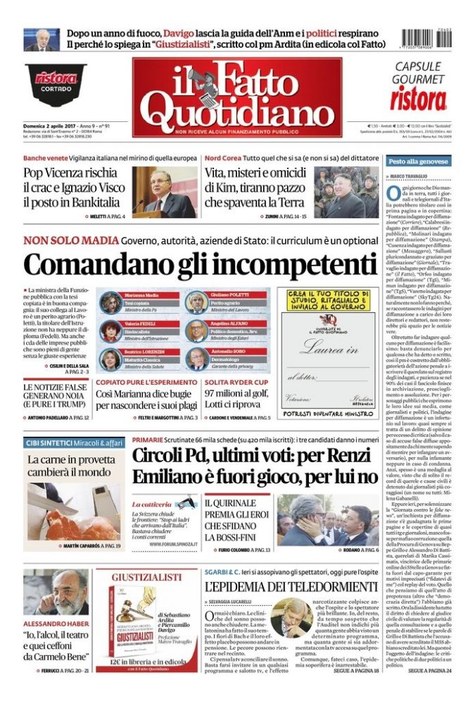 Copertina di domenica 2 aprile 2017