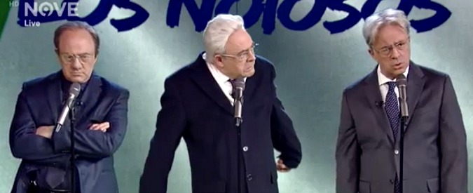 Copertina di Crozza uno e trino. Gentiloni, Padoan e Mattarella diventano Los Noiosos: “Bombardiamo i nemici di noia”