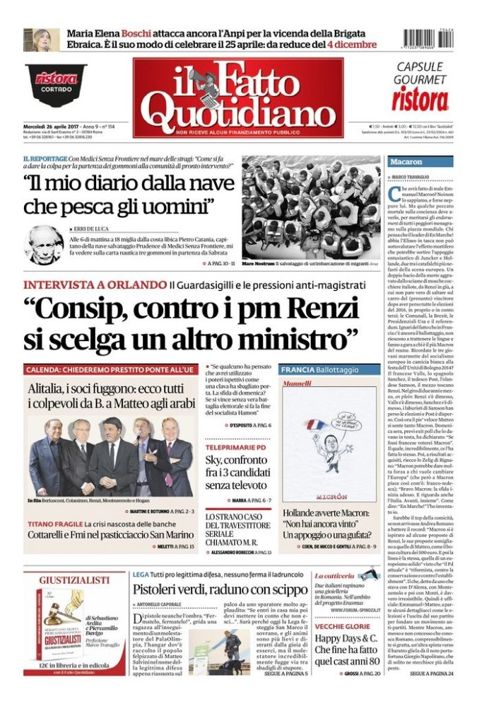 Copertina di mercoledì 26 aprile 2017