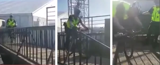 Copertina di “Vi insegno io come si va in bici”. Il poliziotto fa lezione agli studenti ma rimedia una clamorosa figuraccia