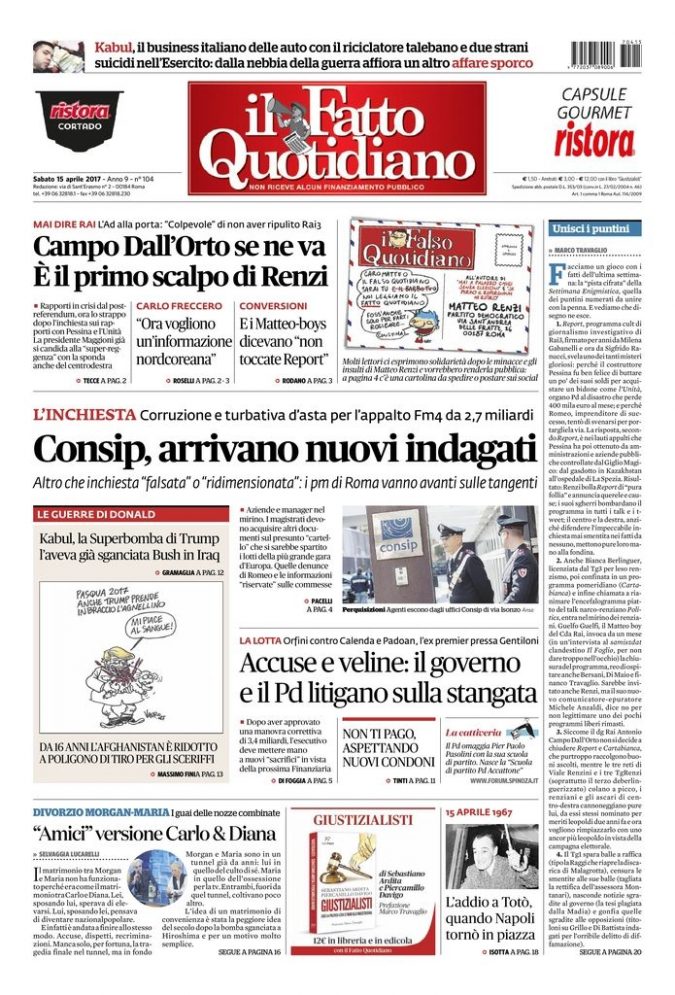 Copertina di sabato 15 aprile 2017