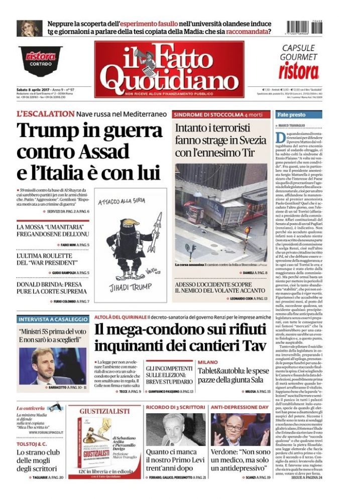 Copertina di sabato 8 aprile 2017