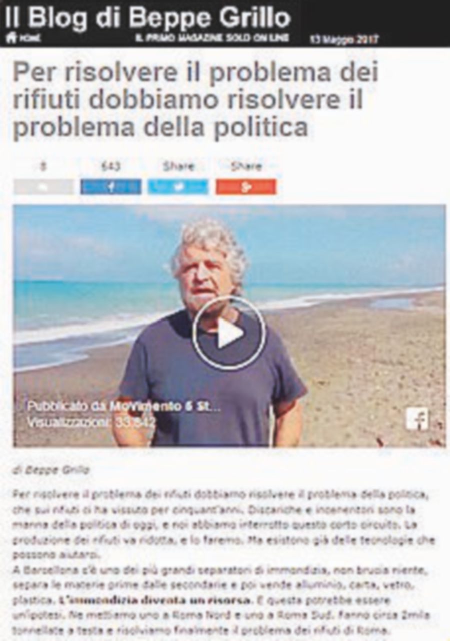 Copertina di Grillo: “Toglieremo i rifiuti da Roma con due separatori”