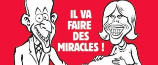 Copertina di Charlie Hebdo, copertina con Macron che tocca la pancia di Brigitte incinta e la scritta: “Farà dei miracoli”