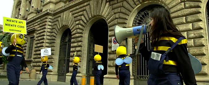 Copertina di Greenpeace, attivisti vestiti da api protestano davanti al Ministero: “Stop ai pesticidi killer”