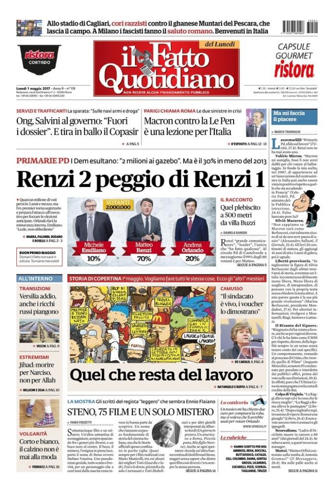 Copertina di lunedì 1 maggio 2017