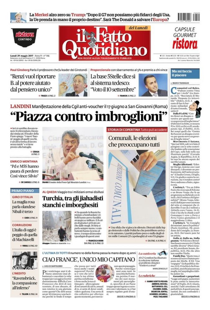 Copertina di lunedì 29 maggio 2017