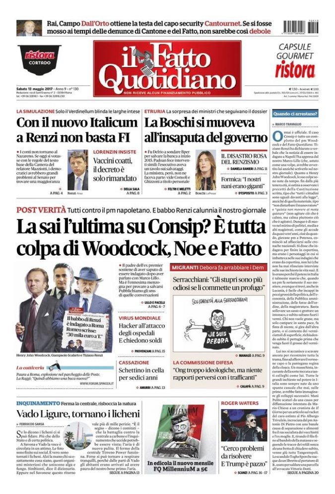 Copertina di sabato 13 maggio 2017