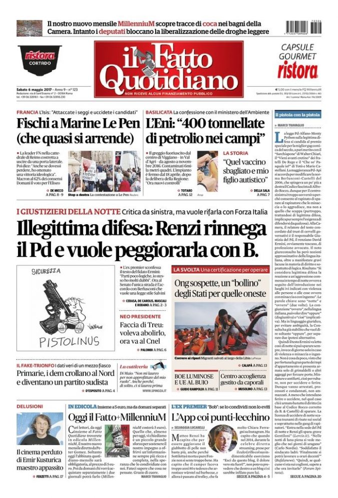 Copertina di sabato 6 maggio 2017