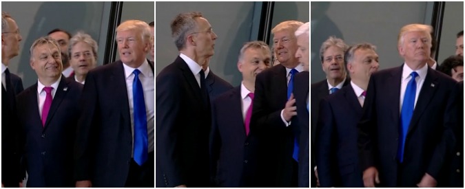 Copertina di Vertice Nato, Trump fa il “bullo”: il presidente Usa spinge via il premier del Montenegro nel momento della foto