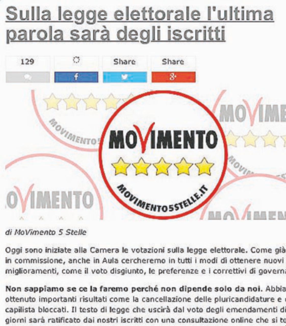 Consultazione - Il post di Grillo La base sul blog: “Vogliamo le preferenze”