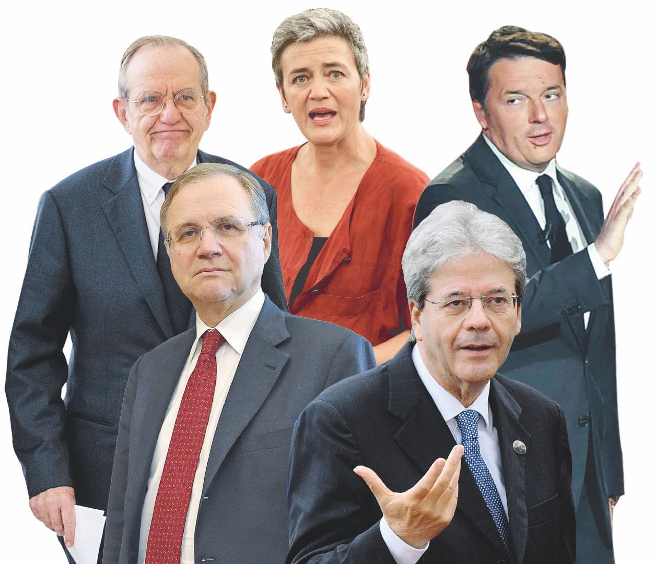 I giocatori - Da destra, verso sinistra: il premier, Paolo Gentiloni, Ignazio Visco (Bankitalia), Pier Carlo Padoan (Tesoro), Margrethe Vestager (Commissario Ue) e Matteo Renzi - Banche venete, come viene viene: tra salvataggio e liquidazione