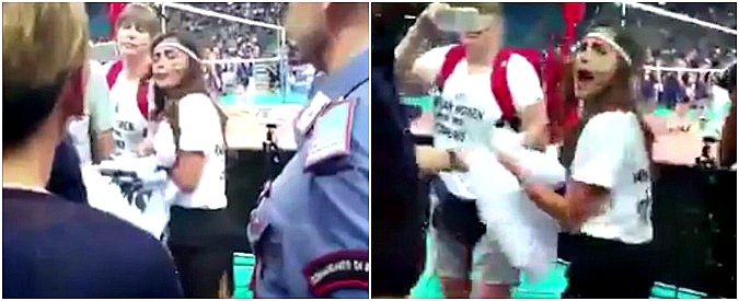 Copertina di Pesaro, striscione per il diritto delle donne iraniane a entrare negli stadi. Polizia allontana attivista dalla partita di volley