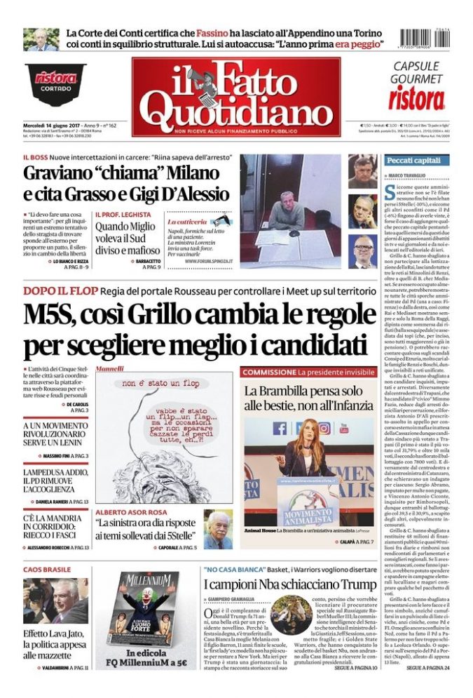 Copertina di mercoledì 14 giugno 2017