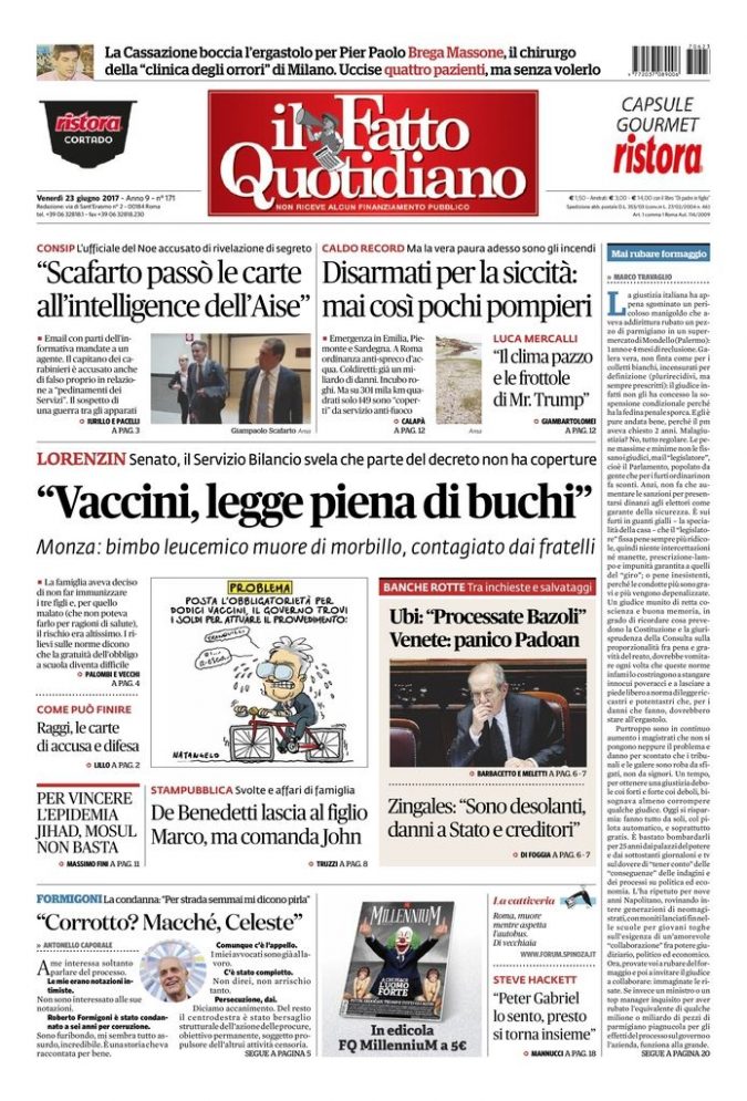 Copertina di venerdì 23 giugno 2017