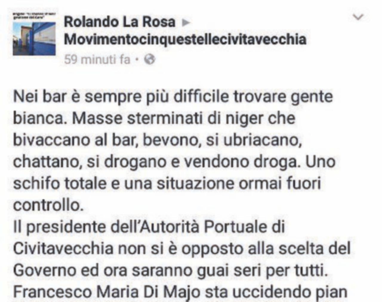 Consigliere del M5s: “Al bar troppo niger, non ci sono bianchi”