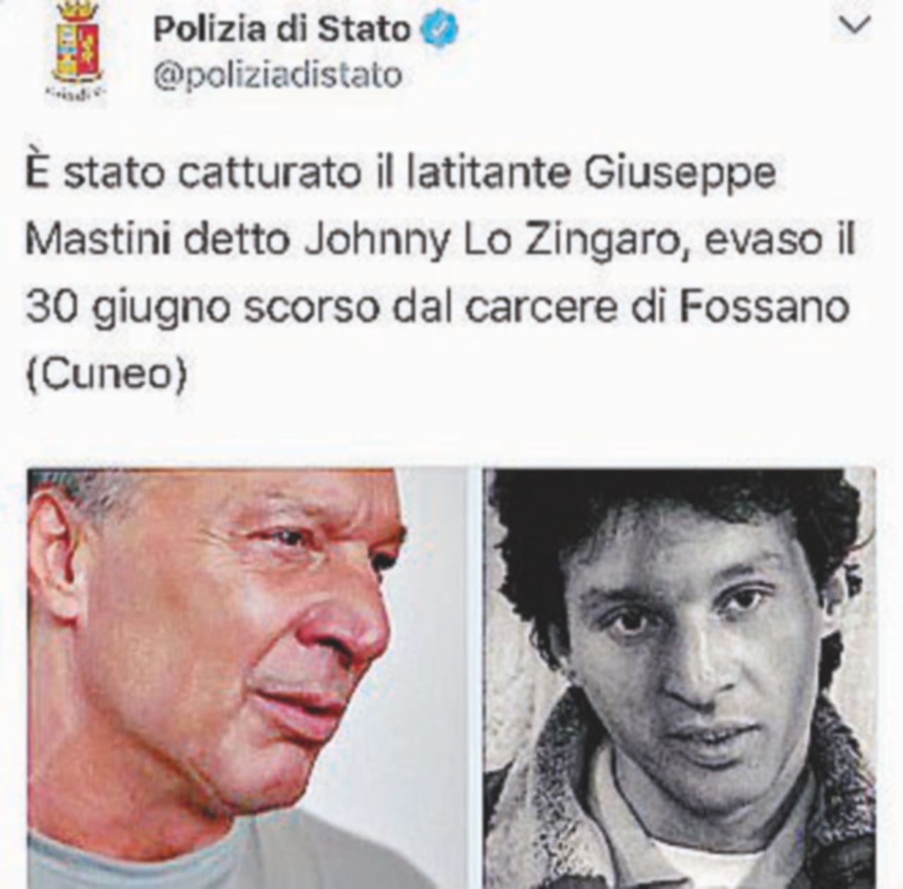 In fuga per amore, ritorna in carcere Johnny lo Zingaro